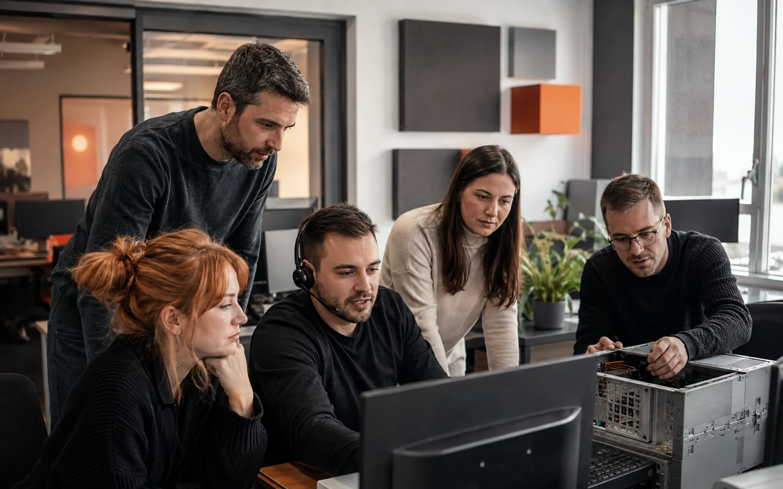 Support professionals reviewing a technical issue at a workstation